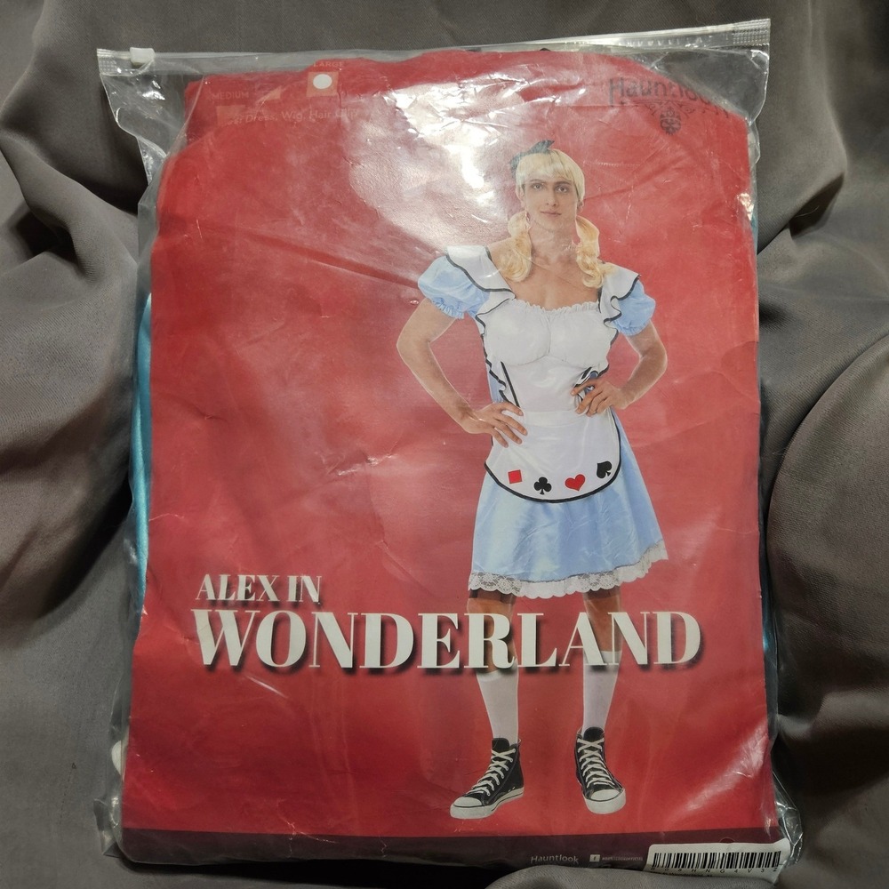 Alex in Wonderland Mens Halloween Costume XL Blue Dress Wig Hair Clip Hauntlook